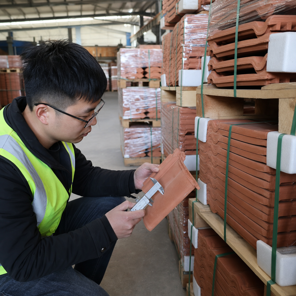 Roof tile inspection in a Chinese factory warehouse — inspector checking dimensions and warpage